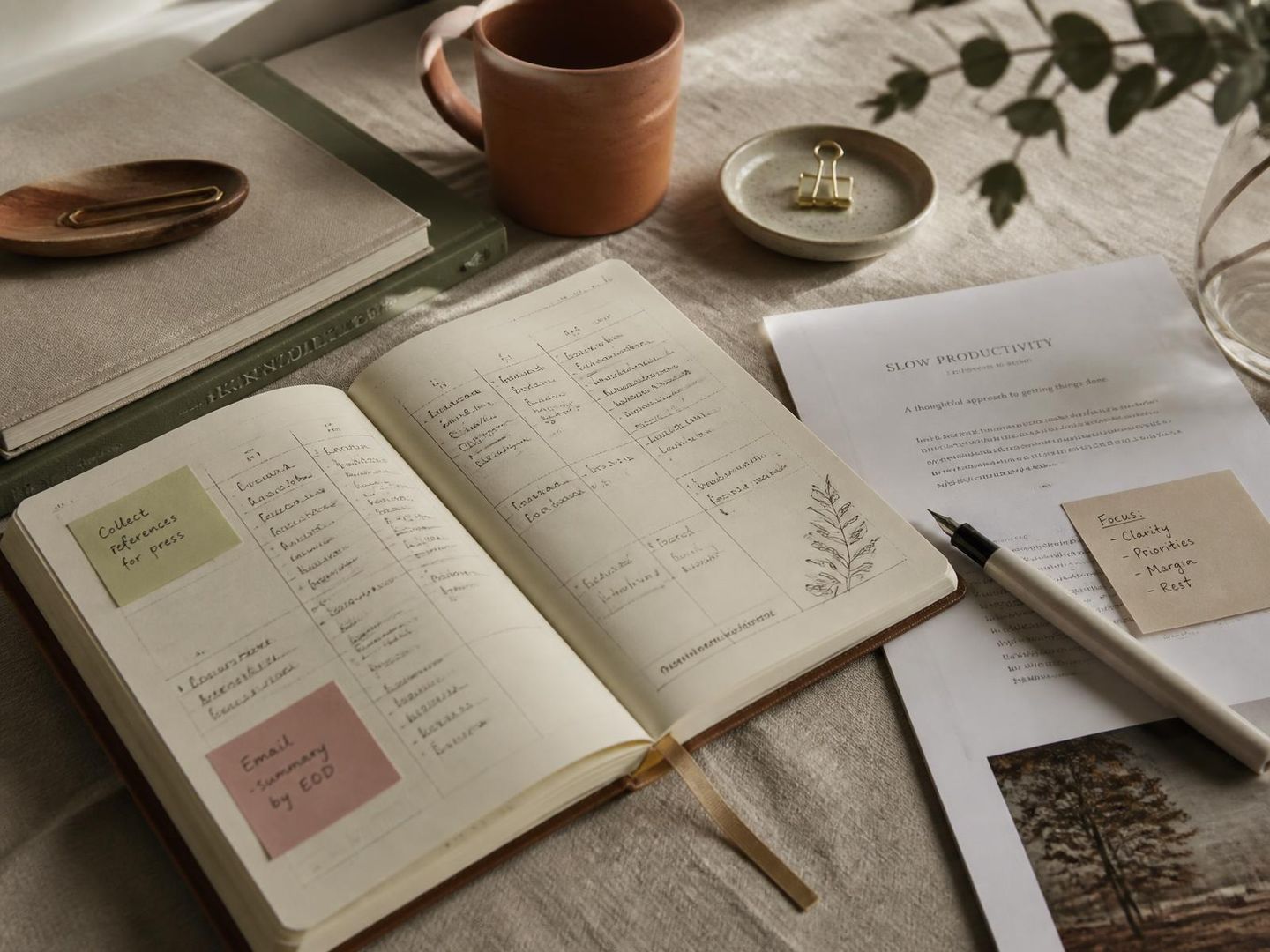 Carnet de planification ouvert, notes et documents imprimés sur une nappe de lin, lumière naturelle