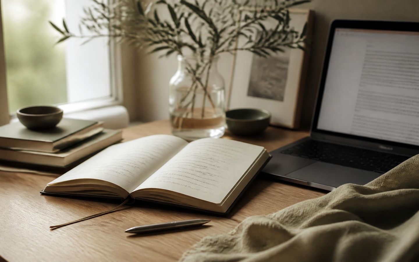 Bureau en bois clair avec carnet de notes ouvert, stylo et ordinateur portable dans une lumière naturelle